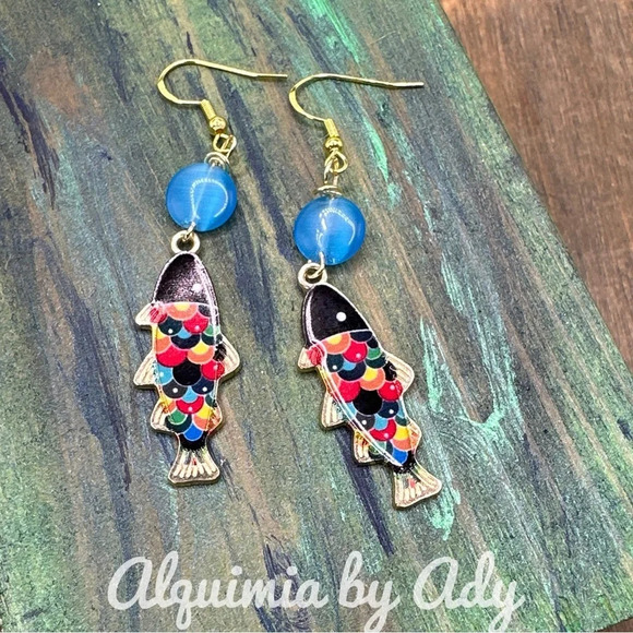 Blue Cat's eye long fish colorful dangle earrings - Picture 1 of 4